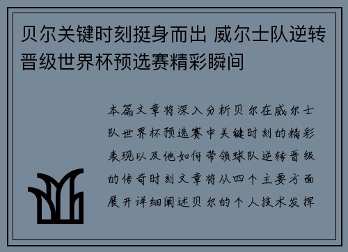 贝尔关键时刻挺身而出 威尔士队逆转晋级世界杯预选赛精彩瞬间