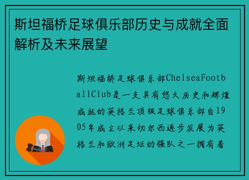 斯坦福桥足球俱乐部历史与成就全面解析及未来展望